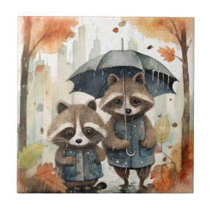 Azulejo Mapaches lindos bajo la lluvia