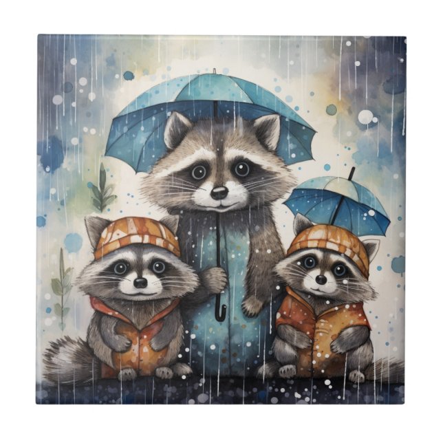 Azulejo Mapaches Lindos en la Lluvia (Frente)