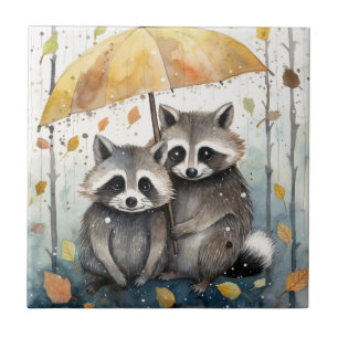 Azulejo Mapaches Lindos en la Lluvia