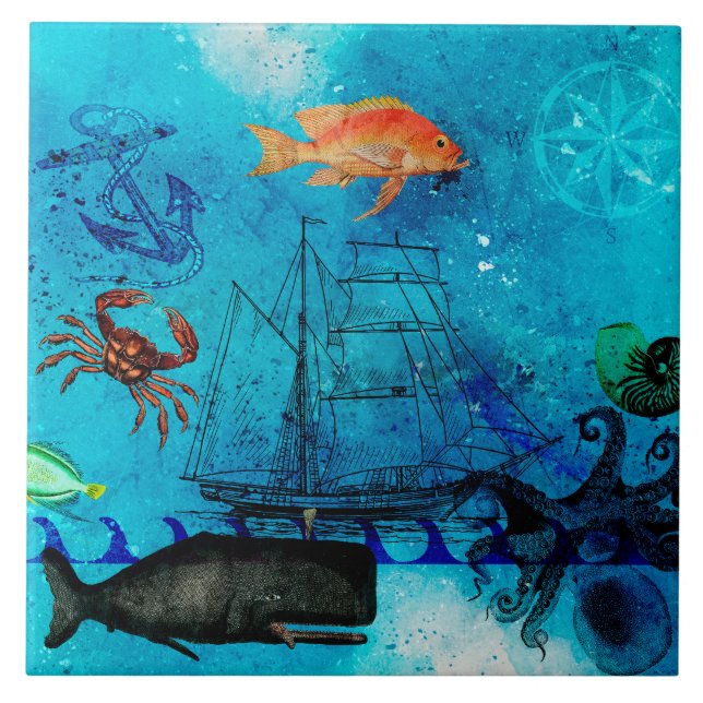 Azulejo Mar Azul profundo nautico vintage (Frente)