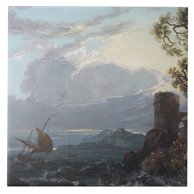 Azulejo Mar de tormenta con ruinas y figuras de castillo ( (Frente)