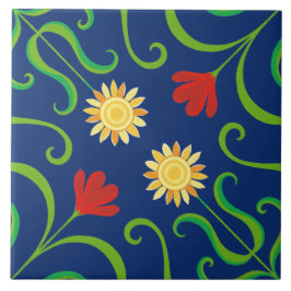 Azulejo Maravilla floral azul de la marina Damasco Sunflow