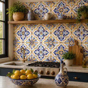 Azulejo Marbella Mosaic Coastal Blue and Gold Medallion