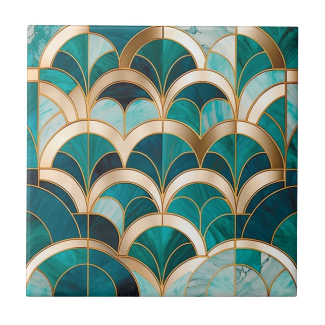 Azulejo Marble de lujo Mosaico Art Deco Turquesa Oro Azul (Frente)