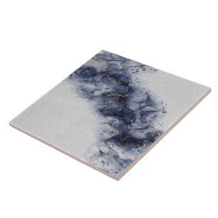Azulejo Marcas de tinta azul oscuro y acuarela dorada