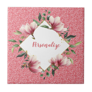 Azulejo Marco de Flor de Purpurina Rosa Glam Brillante Per