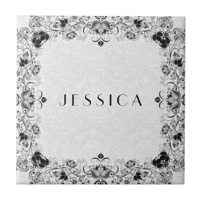 Azulejo Marco Floral Blanco Y Negro (Frente)