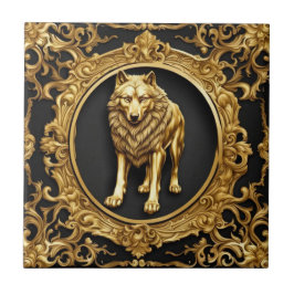 Azulejo Marco ornamental de lobo negro y oro