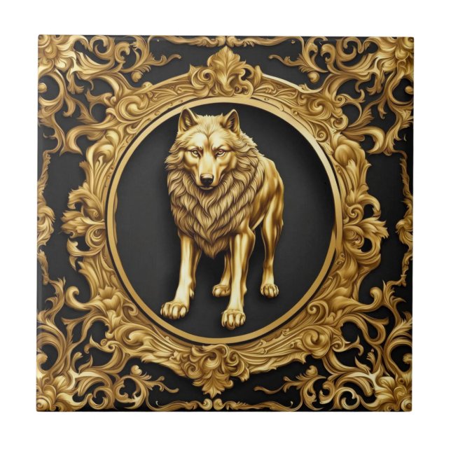 Azulejo Marco ornamental de lobo negro y oro (Frente)
