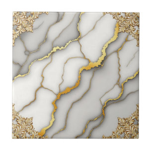 Azulejo Marco Patrón Ornato de Mármol Gris con Oro