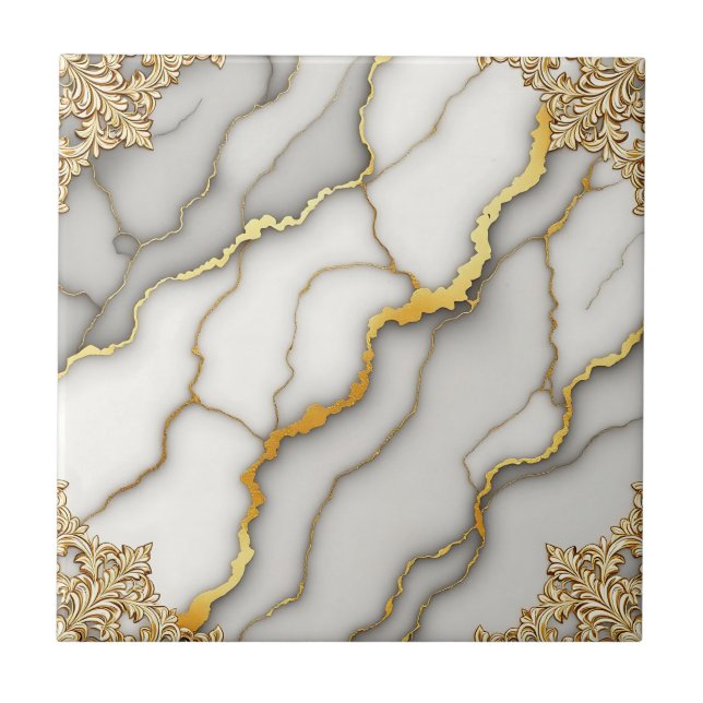 Azulejo Marco Patrón Ornato de Mármol Gris con Oro (Frente)