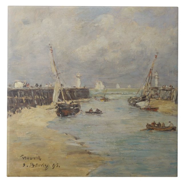 Azulejo Marea baja en Trouville, 1895 (aceite en el panel) (Frente)