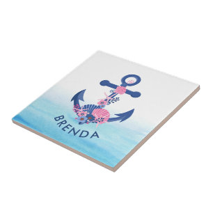 Azulejo Marejadas rosas ancla náutica azul marino