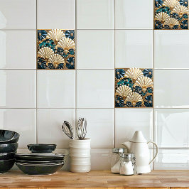 Azulejo Marfil azul Art Deco, joyas y fanático del oro