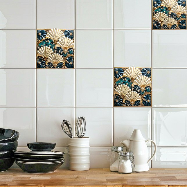 Azulejo Marfil azul Art Deco, joyas y fanático del oro (Subido por el creador)