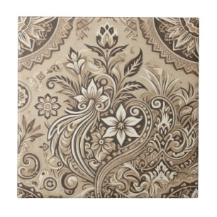 Azulejo Marfil Beige Boho Indonesia Batik Acuarela Floral