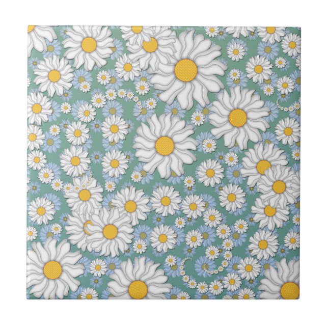 Azulejo Margaritas Blancas y Lindas sobre Azul Teal Polvor (Frente)