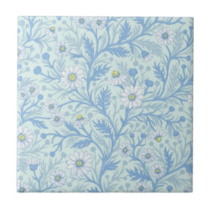 Azulejo Margaritas en blanco y azul sobre vidrio marino
