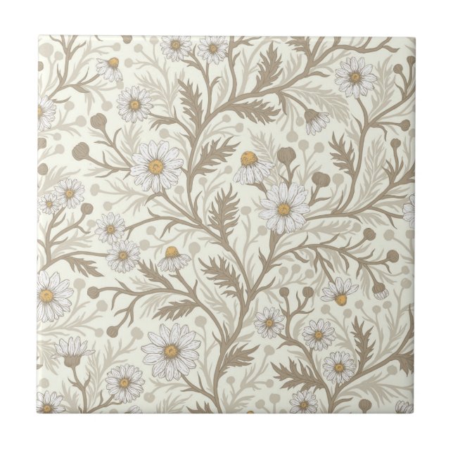 Azulejo Margaritas en blanco y marrón sobre blanco apagado (Frente)