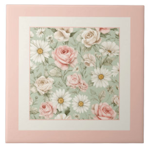 Azulejo Margaritas Florales Rosas Acuarela Rosa