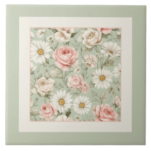 Azulejo Margaritas Florales Rosas Acuarela Verde Salvia
