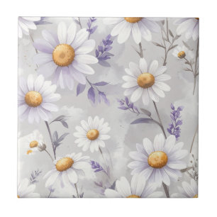 Azulejo Margaritas Moradas y Hojas Violetas sobre Marfil