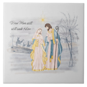 Azulejo María, José y Jesús azul y dorado navideño