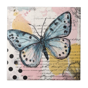 Azulejo Mariposa acuarela azul arte boho naturaleza