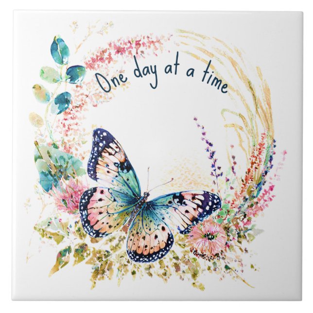 Azulejo Mariposa acuarela floral personalizada (Frente)