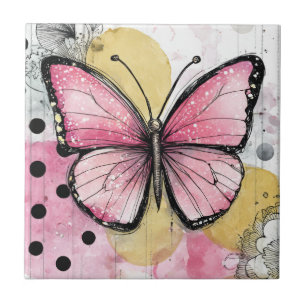 Azulejo Mariposa acuarela rosa arte boho naturaleza