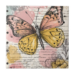 Azulejo Mariposa acuarela rosa dorado arte boho naturaleza