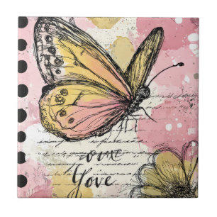 Azulejo Mariposa acuarela rosa dorado arte boho naturaleza