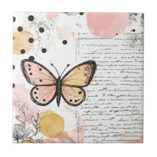 Azulejo Mariposa acuarela rosa dorado arte boho naturaleza
