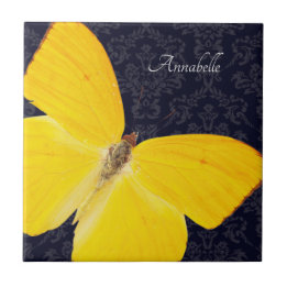 Azulejo Mariposa Amarilla Elegante Damask Negro Agregar No