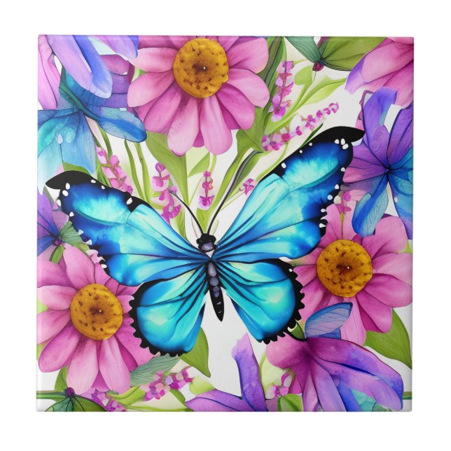 Azulejo Mariposa azul en un campo de flores (Frente)