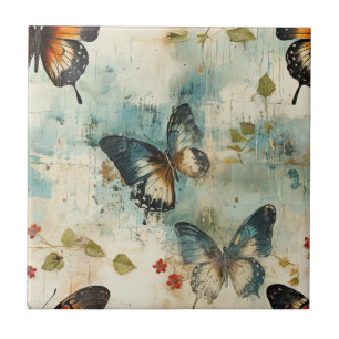 Azulejo Mariposa Botánica Verde Azulado Naranja Vintage