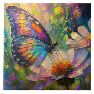 Azulejo Mariposa Colorida y Flores Silvestres al Amanecer