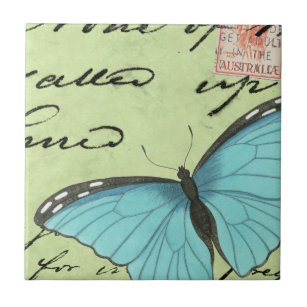 Azulejo Mariposa de ala azul en postal Verde azulada