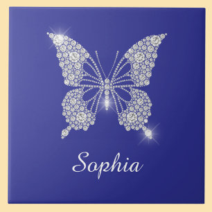 Azulejo Mariposa de diamante blanco, nombre de guión, azul
