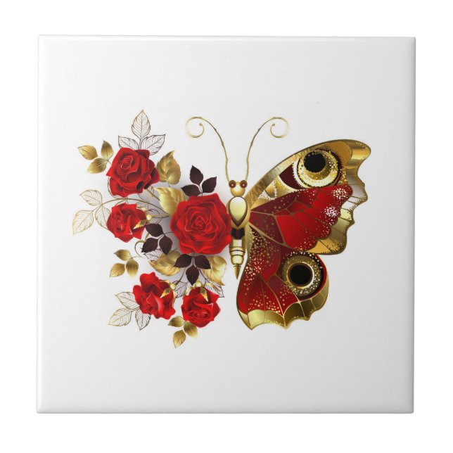Azulejo Mariposa de flor roja con rosas rojas (Frente)