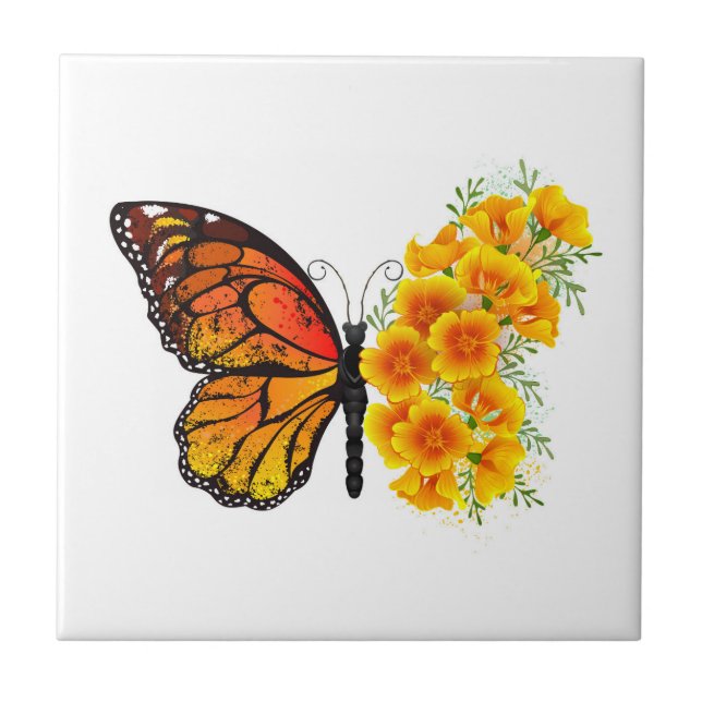Azulejo Mariposa de flores con amapola amarilla de Califor (Frente)