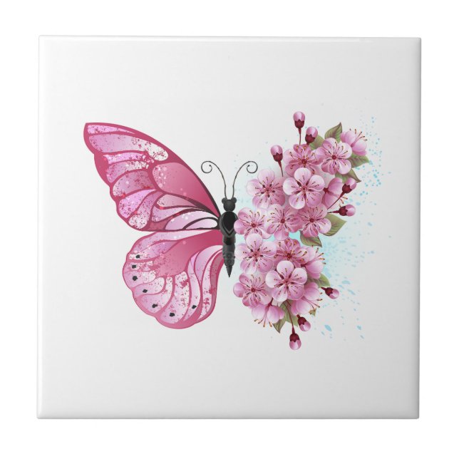 Azulejo Mariposa de flores con Sakura rosa (Frente)