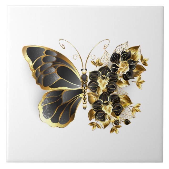 Azulejo Mariposa de flores de oro con orquídea negra (Frente)