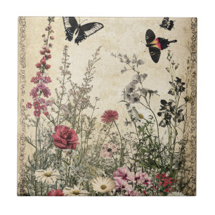 Azulejo Mariposa de pradera de flores silvestres sepia ant