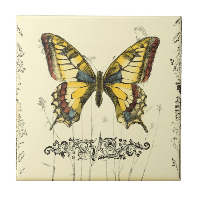 Azulejo Mariposa decorativa con flores silvestres (Frente)