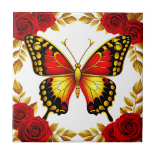 Azulejo Mariposa Dorada Con Rosas Rojas Y Hojas Doradas