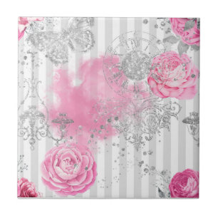 Azulejo Mariposa Elegante Vintage Rosa Plateada con Brillo