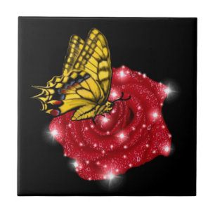 Azulejo Mariposa en rosa roja con estrellas y gotas de llu