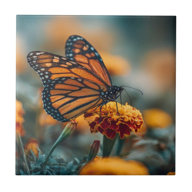 Azulejo Mariposa en una caléndula (Frente)