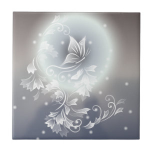 Azulejo Mariposa Floral Gris Azul Fantasía Animal